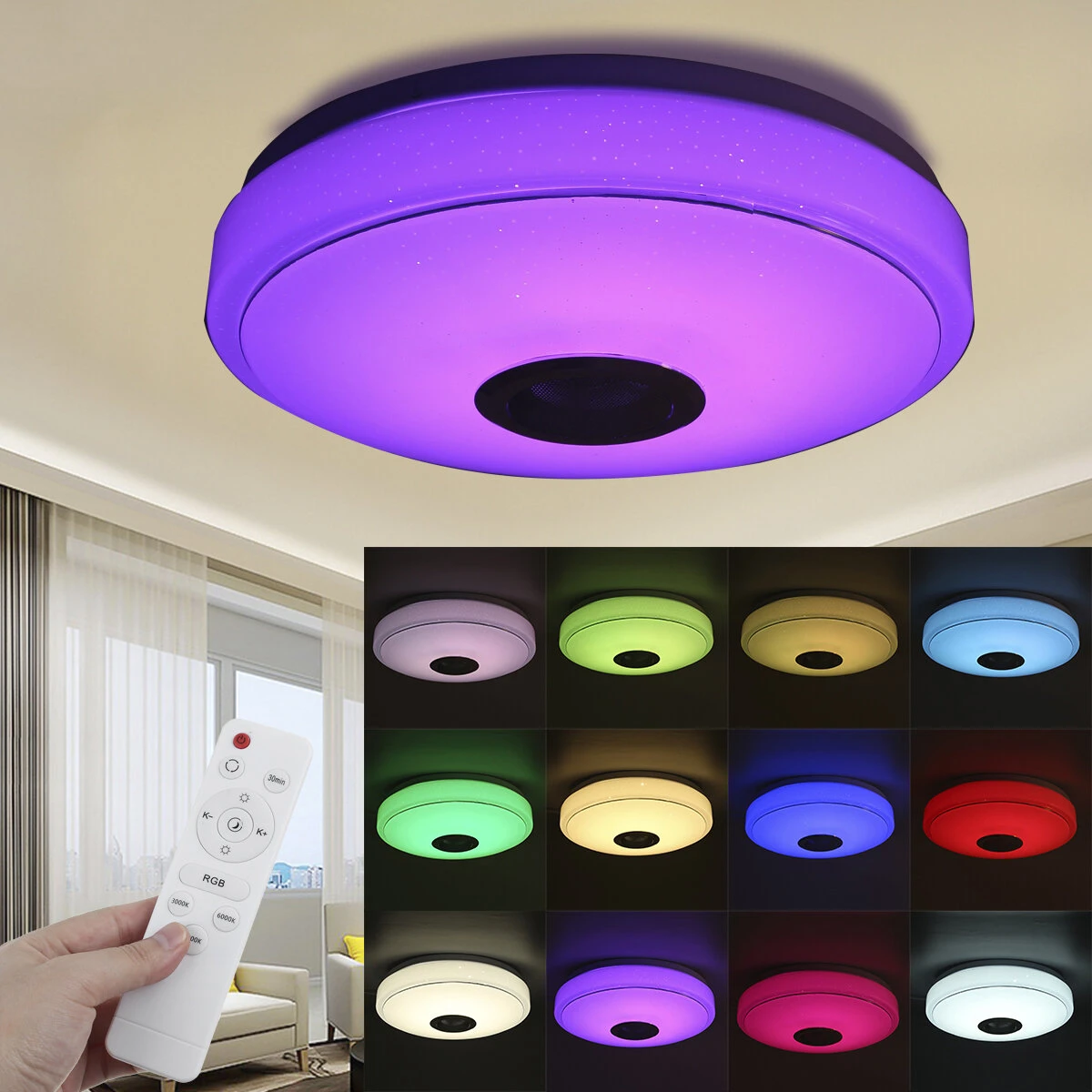 (image for) 33CM 100W bluetooth WIFI LED Ceiling Light RGB Music Speaker Dimmable Lamp APP Remote Control 110-245V