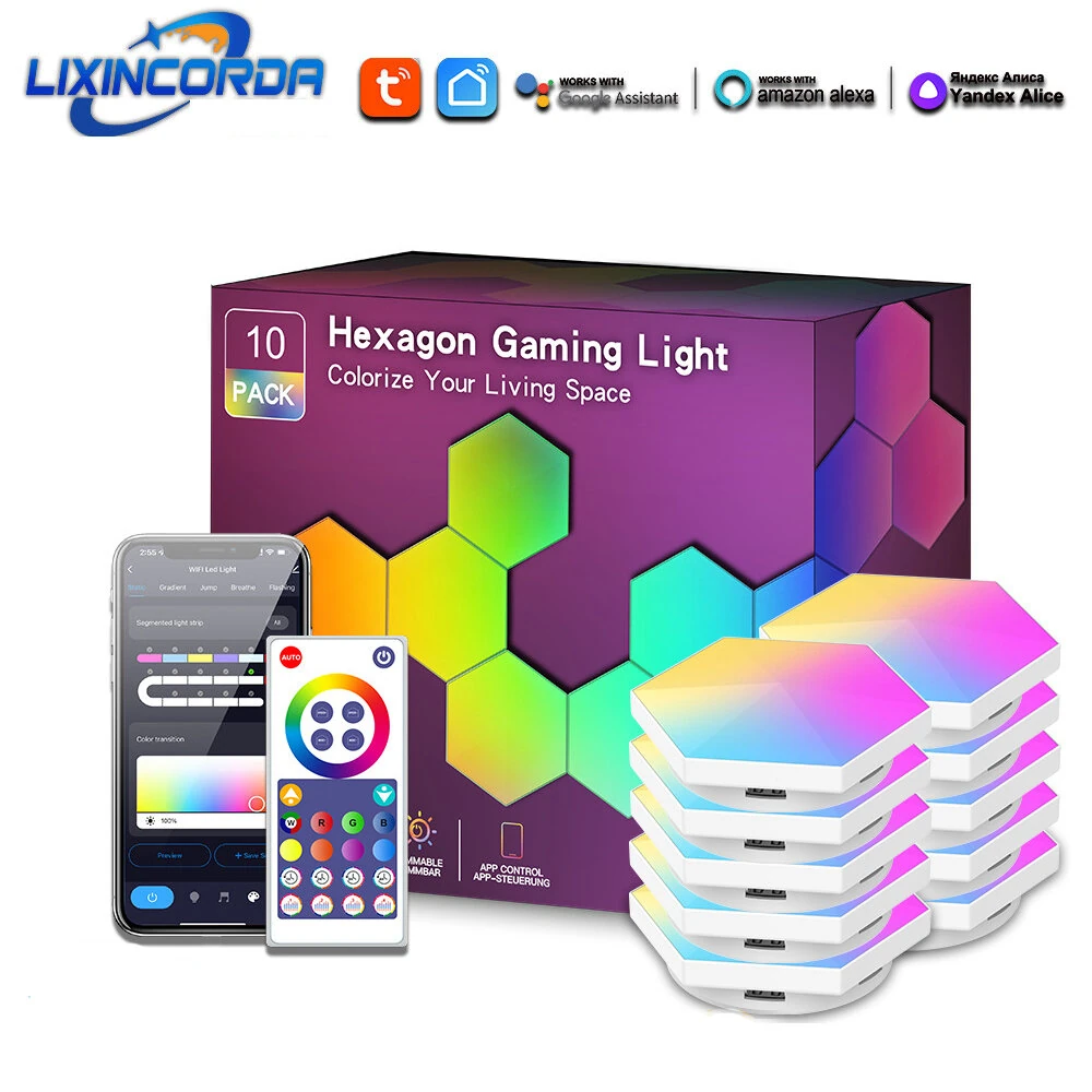 (image for) LIXINCORDA Smart RGBIC Hexagonal LED Light Panels Music Sync APP/Remote/Voice Control With Alexa Google